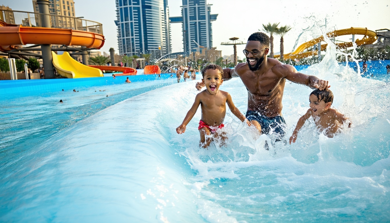 Family enjoying the wave pool at Water Park Dubai