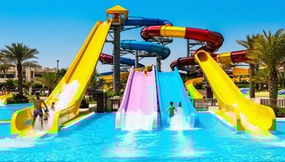 A vibrant water park in Dubai with slides, pools, and families enjoying under the sun. A vibrant water park in Dubai with slides, pools, and families enjoying under the sun.
