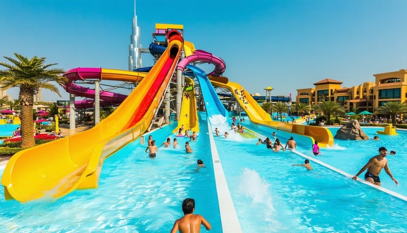 A vibrant water park in Dubai with slides, pools, and families enjoying the sun A vibrant water park in Dubai with slides, pools, and families enjoying the sun